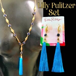 LILLY PULITZER NECKLACE /EARRINGS SET 💙NWT BLUE TASSEL-GOLD COWRIE SHELLS SET